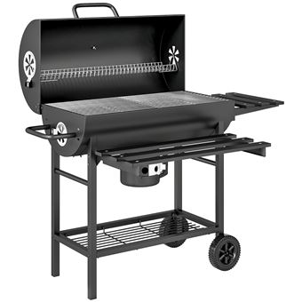 Barbecue charbon de bois avec couvercle 2 roues - 2 tablettes pliables, étagère, thermomètre - acier noir - 1