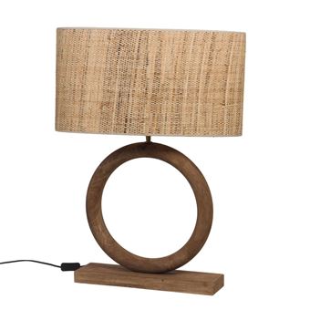 Lampe ronde en bois moyen modèle abat jour en rabanne - Amadeus - Marron - Bois - 1