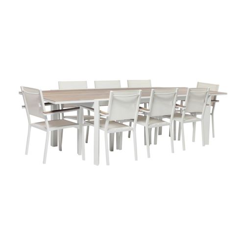 Sweeek Table de jardin extensible 8 places 200/300cm avec plateau effet bois et structure aluminium blanc et 8 fauteuils inclus