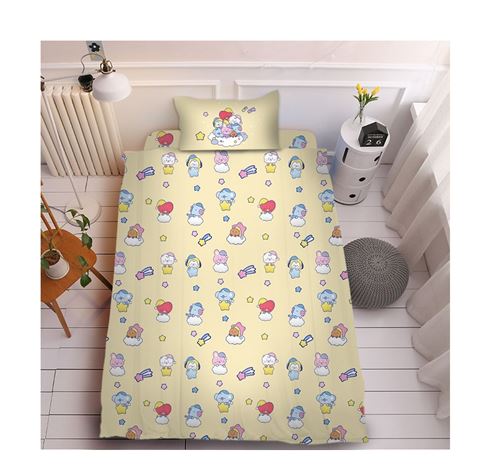 Set de housse de couette BT21 en coton 150x200cm avec drap housse 160*230cm et 2 taies d'oreiller 48*74cm - jaune