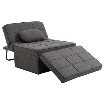 Fauteuil chauffeuse chaise longue pouf 3 en 1 dossier inclinable 5 niveaux repose-pied rabattable châssis métal noir lin gris - 1