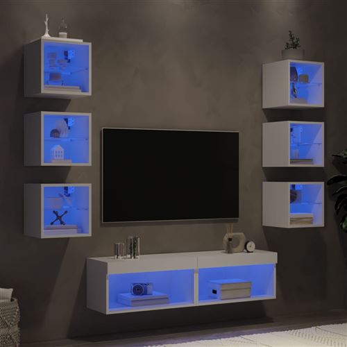 vidaXL Unités murales TV avec LED 8 pcs blanc bois d'ingénierie
