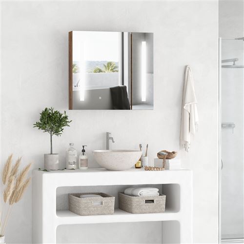 Miroir lumineux LED armoire murale design de salle de bain 2 en 1 dim. 70L  x 15l x 65H cm MDF aspect bois