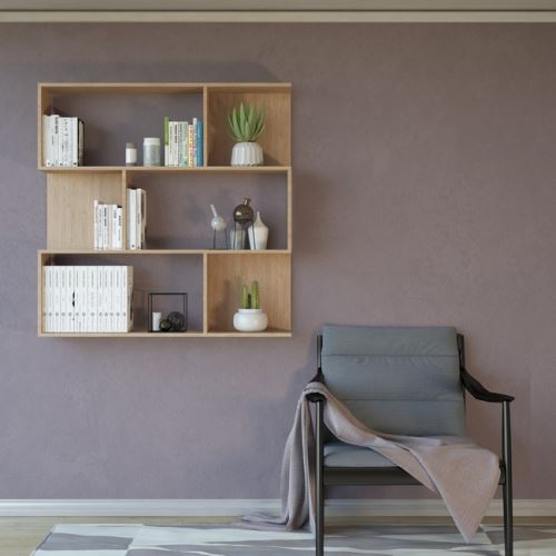 HOMEMANIA Bibliothèque Twino Meuble Murale, Étagère de Rangement - avec Compartiments - pour Séjour, Bureau - en Bois Naturel, 115 x 22 x 115 cm