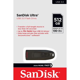 Clé USB 3.0 SanDisk Ultra 512 Go vitesse de lecture allant jusqu'à 130 Mo/s