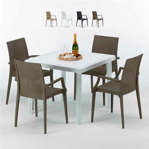 Table Carrée Blanche 90x90cm Avec 4 Chaises Colorées Grand Soleil Set Extérieur Bar Café ARM BISTROT LOVE, Couleur: Marron