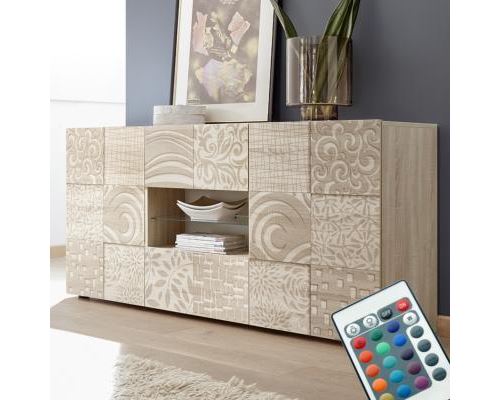 Buffet lumineux contemporain couleur chêne clair ELMA 3 Avec éclairage - L 181 x P 42 x H 84 cm