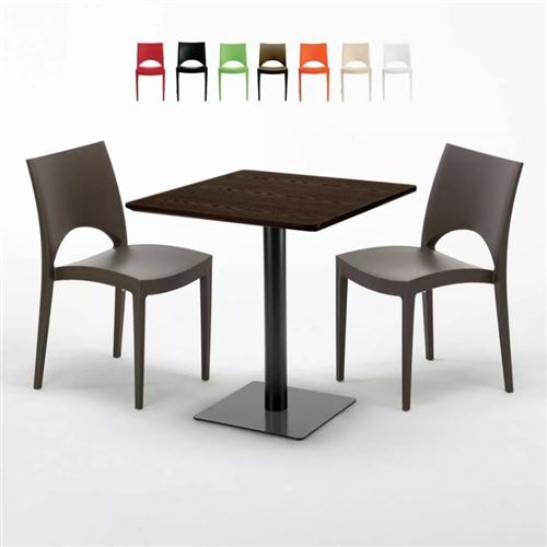Table carrée 70x70 plateau effet bois avec 2 chaises colorées Paris Melon, Couleur: Marron