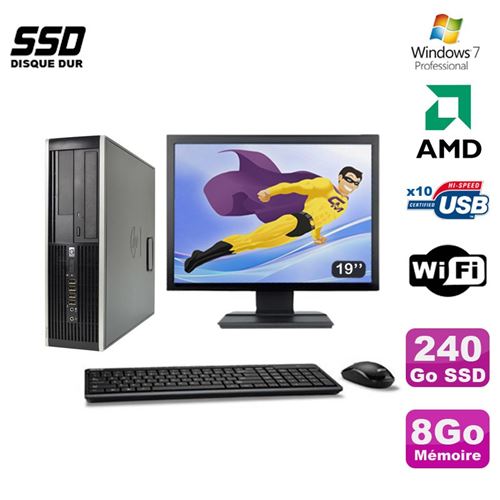 Pc hp compaq 6005 pro sff amd 3ghz 8go 240go ssd graveur wifi w7 pro 19'