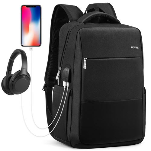 HOMIEE Sac à Dos pour Ordinateur Portable 15.6 Pouces Max, Sacoche Léger avec Port de Recharge USB/Prise pour Casque, Sac de Trav