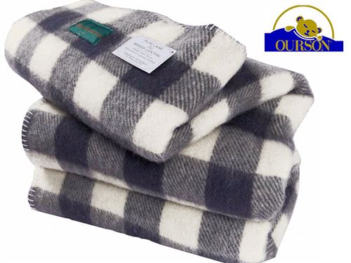 Couverture laine bio ourson 400 gr carreaux gris 240x260