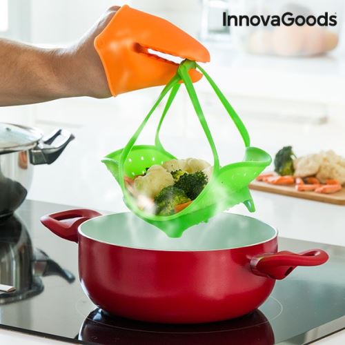 Passoire en silicone pliable pour cuisson à la vapeur - Avec un gant en silicone et ne raye pas