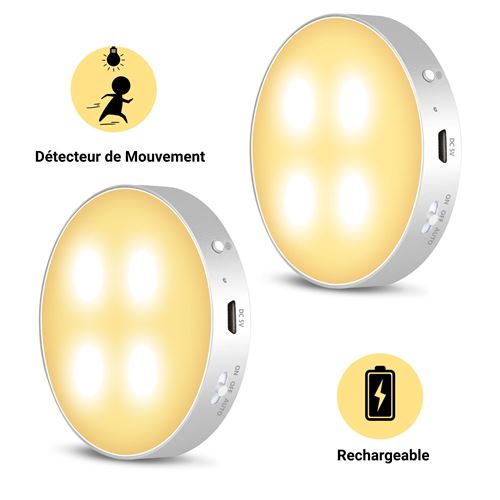 Lampe Détecteur de Mouvement LED Rechargeable Aimantée Autocollante x2 – Daffodil LEC022 – Spot LED Magnétique Lumière Chaude - Batterie ou Secteur