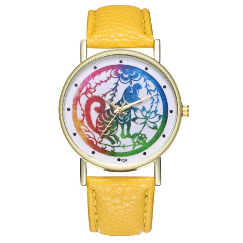 Montre pour femme 12 Zodiac Fashion Simple Montre pour femme avec bracelet en cuir Montre pour homme Montre à quartz T29-Ajaune
