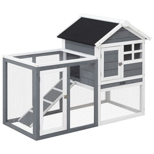 Clapier cage à lapins multi-équipé : niche supérieure avec rampe, plateau excrément, fenêtre + enclos extérieur sécurisé 2 portes 122L x 63l x 92H cm gris