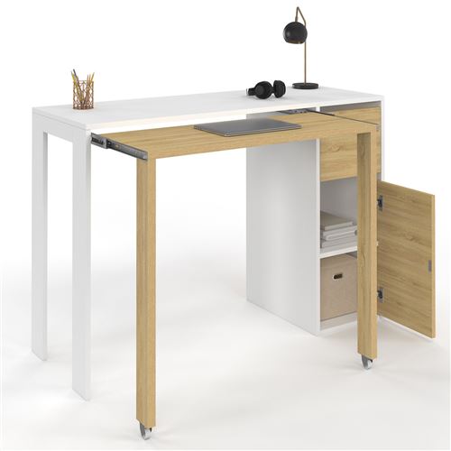 Bureau extensible blanc et bois avec rangements