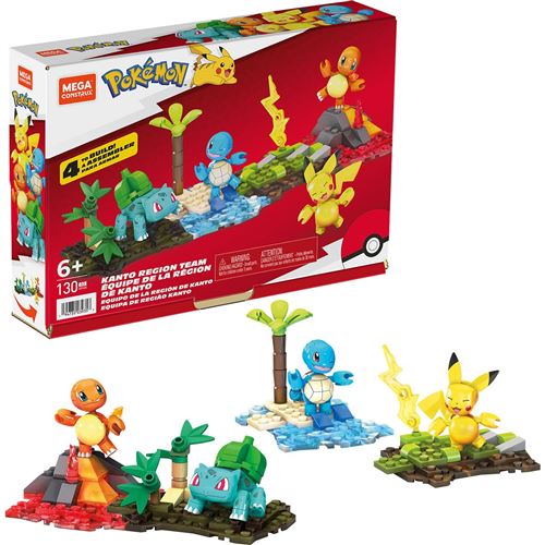 Mega Construx Pokémon - HFG05 - Equipe de la région de Kanto - Ensemble 4pcs figurines articulées à construire 5cm - pikachu, carapuce, salameche, bulbizarre
