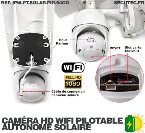 Caméra pilotable solaire IP Wifi HD 1080P waterproof Infrarouge accès à  distance via iPhone Android 64 Go inclus