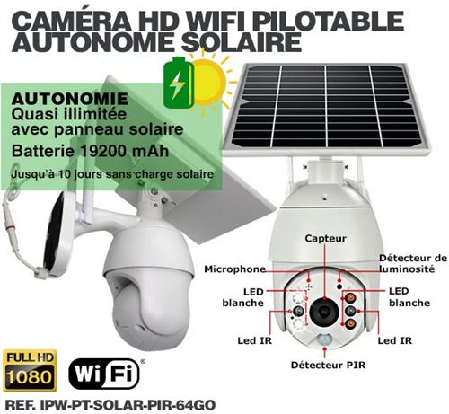 Caméra pilotable solaire IP Wifi HD 1080P waterproof Infrarouge accès à  distance via iPhone Android 64 Go inclus