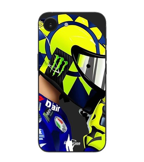 Funda Maniacase para iPhone 16E con el casco Supermoto Valentino Rossi de MotoGP negro