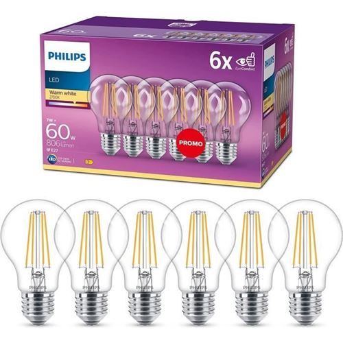 Non Communiqué Transparent Pack De 6 Ampoules E27 Led Es 60W, Blanc Chaud
