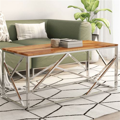 vidaXL - Table basse - Style industriel - Bois massif d'acacia et acier inoxydable - Argent - Image 3