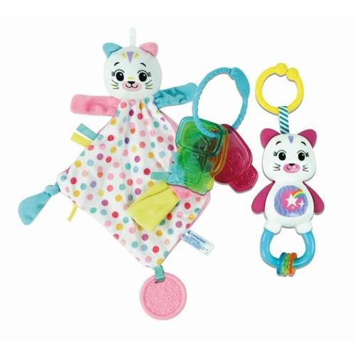Coffret de naissance Chat - Doudou + Hochet + Clés en plastique souple à mordiller - Rose