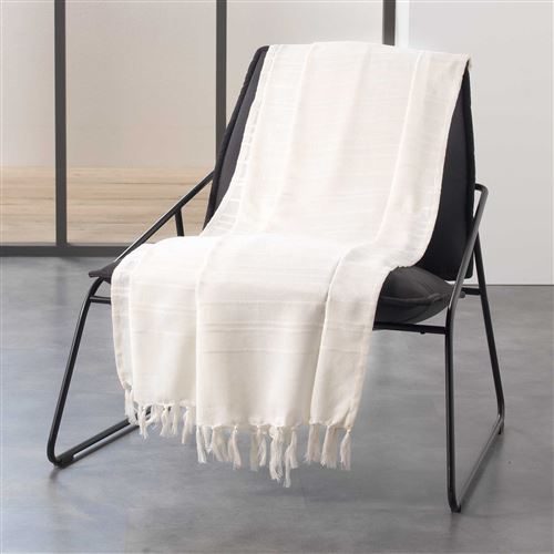 Jete de canape a franges 220 x 240 cm coton tisse lilia Creme Douceur d'Intérieur