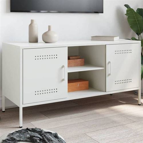 Vidaxl Blanc Meuble Tv 100,5X39x50,5 Cm Acier, Support Tv, Buffet Tv, Meuble Multimédia, Banc Tv, Armoire Hifi, Centre De 842993 - Image 2