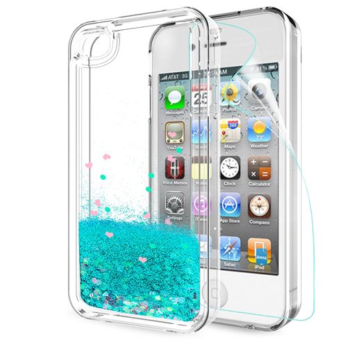 Coque Etui paillette Liquide pour iPhone 4S, iPhone 4 (Bleu) + Film protecteur en verre trempé