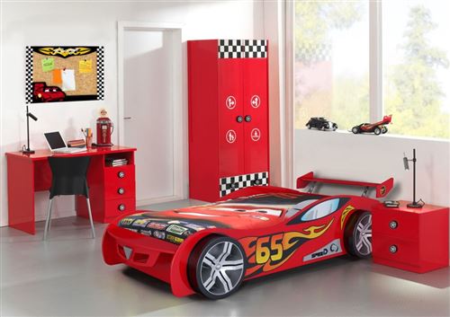 Lit 90x200 - Armoire 2 portes - Chevet 2 tiroirs et Bureau Le Mans Car Beds - Rouge