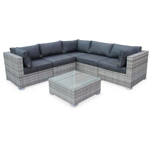 Salon de jardin en résine tressée - Napoli - Nuances de gris Coussins Gris chiné - 5 places - 2 fauteuils sans accoudoir 3 fauteuils d'angle une table basse