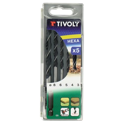 Coffret de 5 forets Bois Ø 3-4-5-6-8mm TIVOLY Queue HEXA 6.35 Perçage bois directement depuis une perceuse/visseuse standard