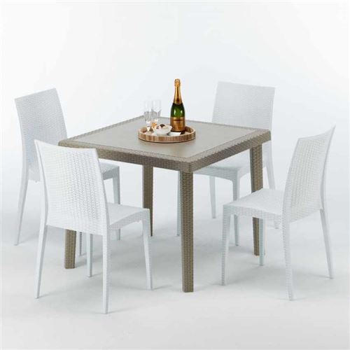 Table carrée beige + 4 chaises colorées Poly rotin synthétique ELEGANCE, Chaises Modèle: Bistrot Blanc