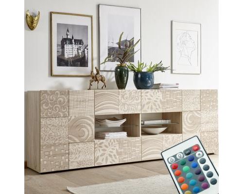 Buffet lumineux contemporain couleur chêne clair ELMA 3 Avec éclairage - L 241 x P 42 x H 84 cm