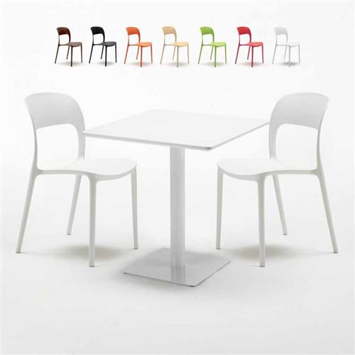 Table carrée 70x70 blanche avec 2 chaises colorées Restaurant MERINGUE, Couleur: Blanc