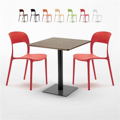 Table carrée 70x70 effet bois avec 2 chaises colorées Restaurant Melon, Couleur: Rouge