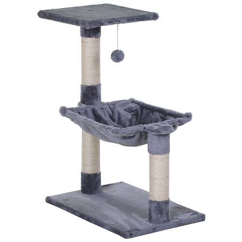 PawHut Design Arbre à chat Gris avec 3 Griffoirs, Plateforme, Hamac et Boule Suspendue 50x36x70 cm, Peluche courte   Aosom France