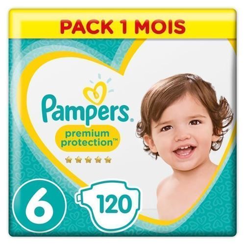 Pampers Premium Protection Taille 6 15+ Kg - 120 Couches, Pack 1 Mois
