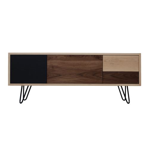 Pirotais Buffet TV chêne et noyer massif, 2 tiroirs 1 abattant 1 porte, Made in France Noir