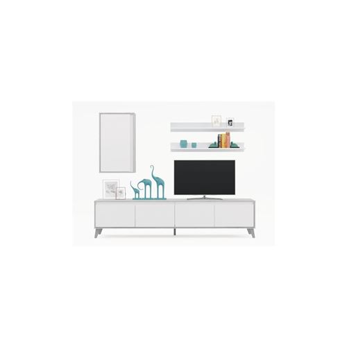 Allure Meuble Tv De 4 Portes - Decor Beton Blanc - L 200 X P 41 X H 50 Cm