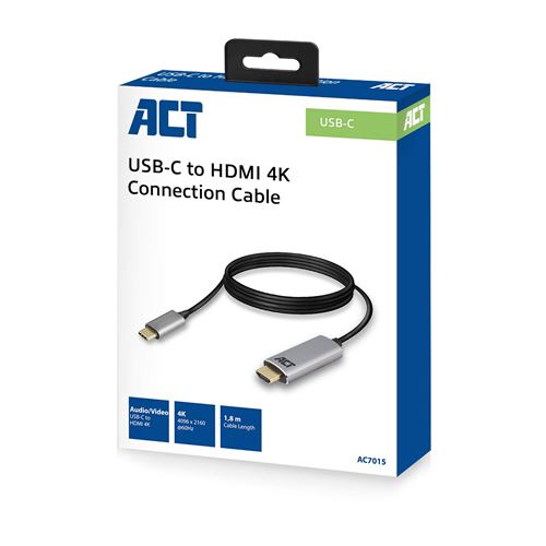ACT Câble de Connexion USB-C vers HDMI 4 K @ 60 Hz, Longueur du câble 1,8 m, boîtier en Aluminium