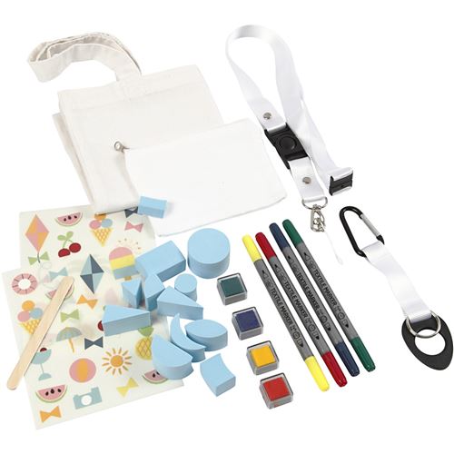 Kit créatif Custo tissu - Sac, porte-monnaie, porte-clés et porte-bouteille à décorer