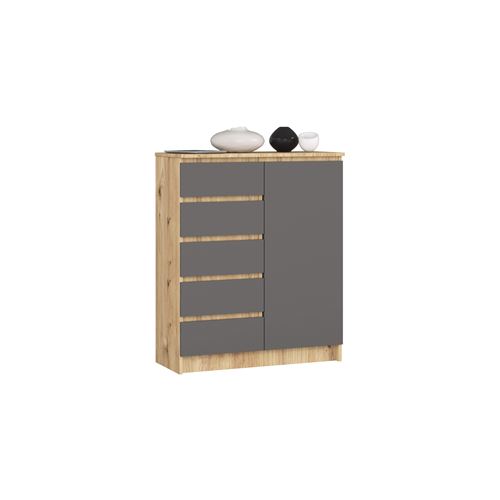 Commode AKORD K80 Chêne Artisan 80 cm 1 porte 5 tiroirs façade Gris Graphite 3 étagères 80x35x97 cm