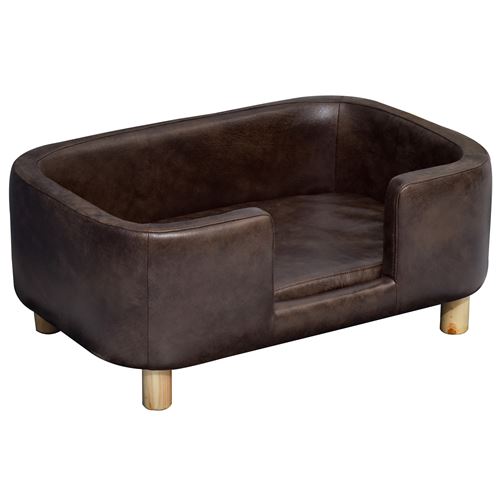 Canapé chien lit pour chien chat avec rebord coussin moelleux pieds bois massif dim. 74 x 48 x 31 cm revêtement synthétique chocolat