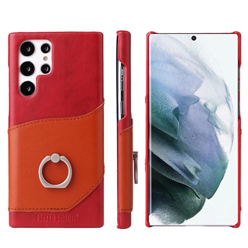 Coque avec Bague Pour Samsung Galaxy S22 Frusde avec Fente Carte en Cuir Etui-Rouge