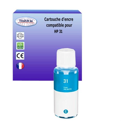 Bouteille encre compatible avec HP 31 pour HP Smart Tank Plus 570 Wireless - Cyan - 70ml - T3AZUR