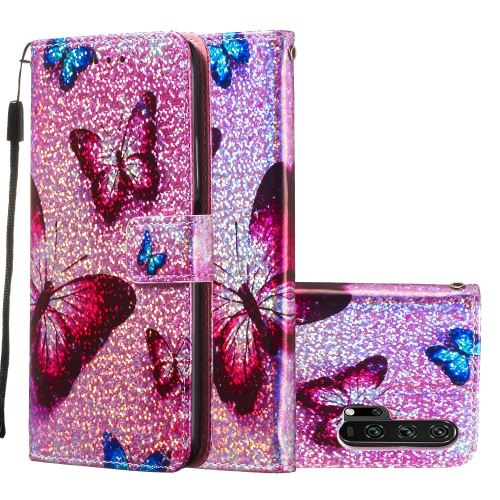 Etui en PU paillettes de paillettes de surface d'impression papillon pour votre Huawei Honor 20 Pro