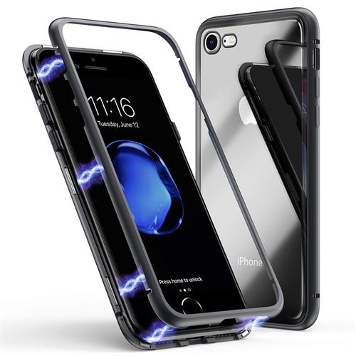 Coque pour iPhone SE 2020 - Coque Magnétique Noir + Verre Trempé - Protection Métal Film Vitre Ecran Ultra Résistant Phonillico®