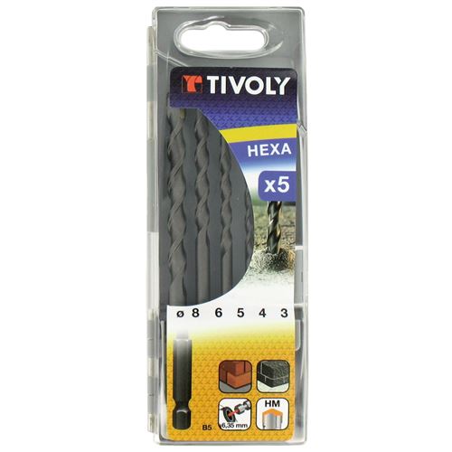 Coffret de 5 forets Béton Ø 3-4-5-6-8mm TIVOLY Queue HEXA 6.35 Perce bétons directement depuis une perceuse/visseuse standard